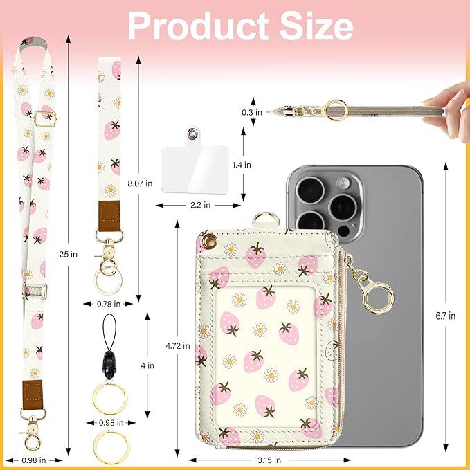 Cute Lanyard Wallet with ID Badge Holder,Strawberry RFID Wallet Women Keychain Wristlet,Slim Credit Card Holder with Zipper Pocket Phone Lanyard Wrist Strap Office Teacher Gift