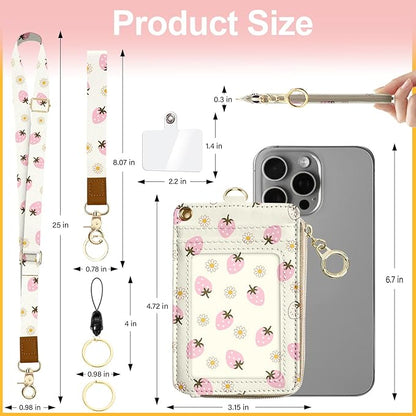 Cute Lanyard Wallet with ID Badge Holder,Strawberry RFID Wallet Women Keychain Wristlet,Slim Credit Card Holder with Zipper Pocket Phone Lanyard Wrist Strap Office Teacher Gift