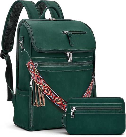 SYTRAH Leather Laptop Backpack for Women Designer Laptop Bag, 16.5 inch Travel Computer Backpacks Purse with Tassel for Work Business with Satchel Purse Green