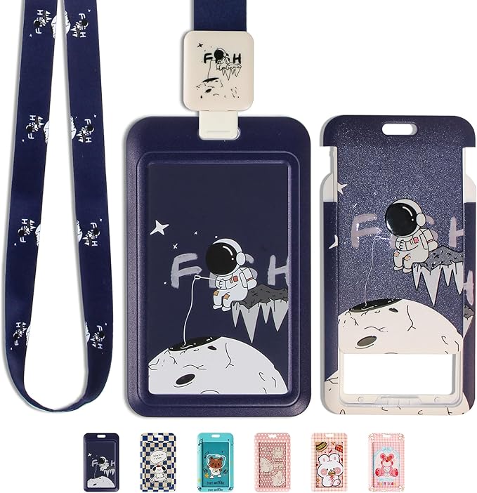 Cute ID Badge Holder with Clip Badge Reels and Lanyards with Badge Reel with 15 inches Pull Cord for School, Teacher, Student, Women, Men (Astronaut)