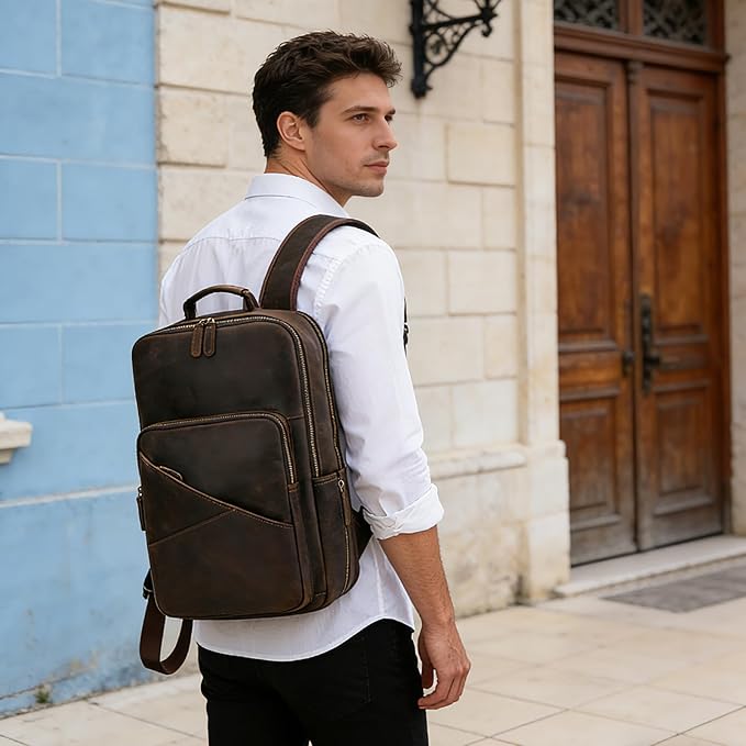 Vintage Full Grain Leather Backpack for Men, 16" Laptop Rucksack For Men Hiking Trave Work Business Bag, Dark Brown