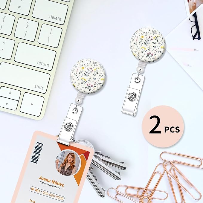 2 Pack Badge Reels Holder Retractable with ID Clip for Nurse Name Tag Card Nursing for Doctor Teacher Student Employee Office Medical Work (Cute Wildflower)