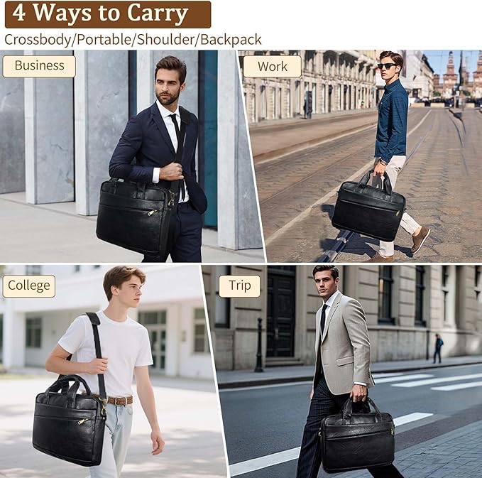 Faux Leather Messenger Bag for Men 17-17.3 Inch: Laptop Bag Briefcase Computer Handbags Shoulder Crossbody Bag with Padded Laptop Sleeve for Work College Travel, PU Black