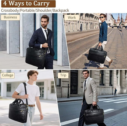 Faux Leather Messenger Bag for Men 17-17.3 Inch: Laptop Bag Briefcase Computer Handbags Shoulder Crossbody Bag with Padded Laptop Sleeve for Work College Travel, PU Black