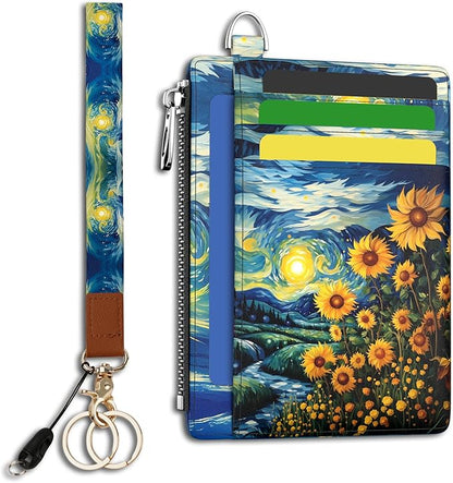 Hancynir Sunflower Slim Wallet Women Credit Card Holder, RFID Blocking Front Pocket Wallet Wristlet Keychain Lanyard, Small Cute Mini Card Case, Thin Travel Zipper Coin PU Leather Ladies Female Gifts