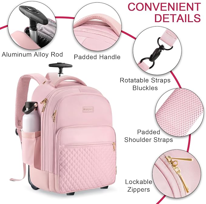 Arcoyard Rolling Backpack Carry On Luggage For Adults With Wheels, 40L Wheeled Backpack For Women, Travel Roller Backpack, Rolling Bag, Pink