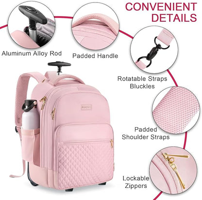 Arcoyard Rolling Backpack Carry On Luggage For Adults With Wheels, 40L Wheeled Backpack For Women, Travel Roller Backpack, Rolling Bag, Pink