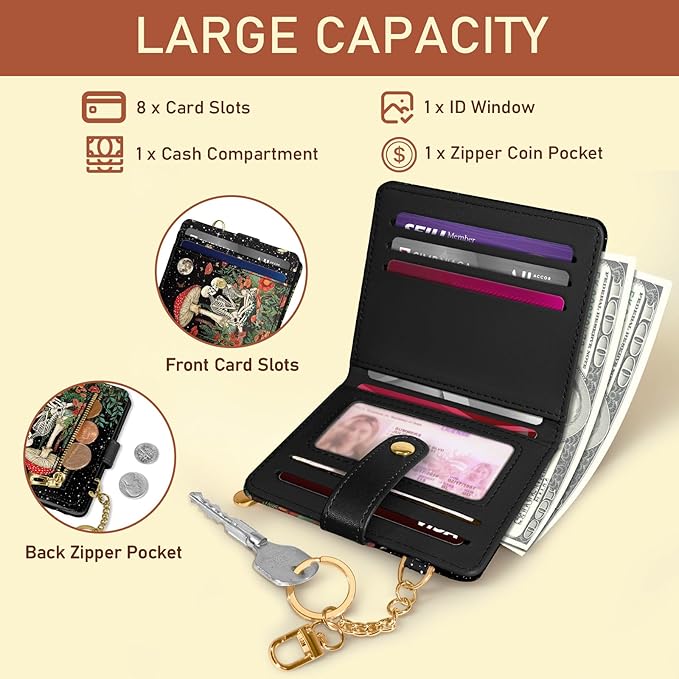 Jogjam Mushroom Skull Rfid Ladies Wallet, Small Slim Thin Compact Credit Card Women Wallet, Skeleton Goth Horror PU Leather Bifold Zipper Coin Pocket for Female