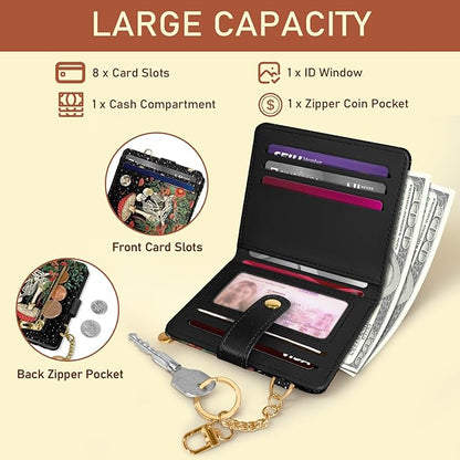 Jogjam Mushroom Skull Rfid Ladies Wallet, Small Slim Thin Compact Credit Card Women Wallet, Skeleton Goth Horror PU Leather Bifold Zipper Coin Pocket for Female