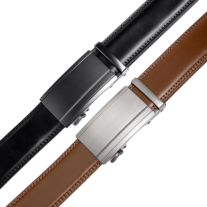 2 Pack Ratchet Belt 1 3/8", Mens leather Dress Belt in Gift Set Size 28"-62" Adjustable waist Trim to Fit