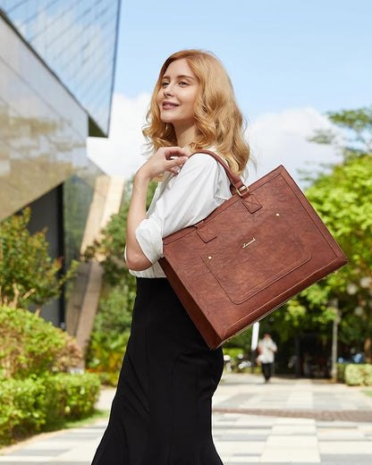 LOVEVOOK Laptop Tote Bag for Women, 15.6 Inch Work Bags, PU Vintage Leather Tote Bag, Waterproof Computer Bags with Clutch Purse, Large Capacity Messenger Bag for Teacher College Business Office