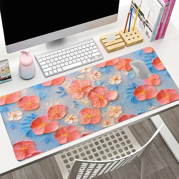 Oil Painting Flowers Desk Mat for Women, Large PU Leather Desk Pad with Non-Slip Base, Aesthetic Office Keyboard Cover for Gaming & Home Work, Artistic Desk Decor (23.6x11.8 Inch)