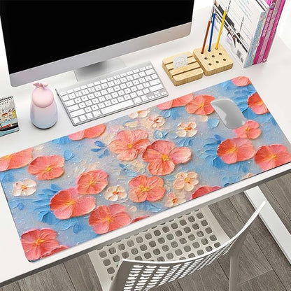 Oil Painting Flowers Desk Mat for Women, Large PU Leather Desk Pad with Non-Slip Base, Aesthetic Office Keyboard Cover for Gaming & Home Work, Artistic Desk Decor (23.6x11.8 Inch)