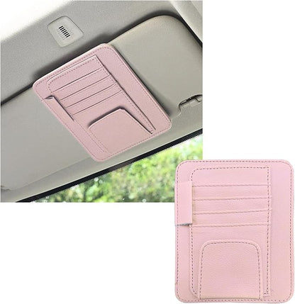 Dickno Small Leather Car Sun Visor Organizer, Multifunctional Auto Visor Document Holder with Sunglasses Clip, Universal Car Interior Organizer for Drving License, Card, Pen (Pink)