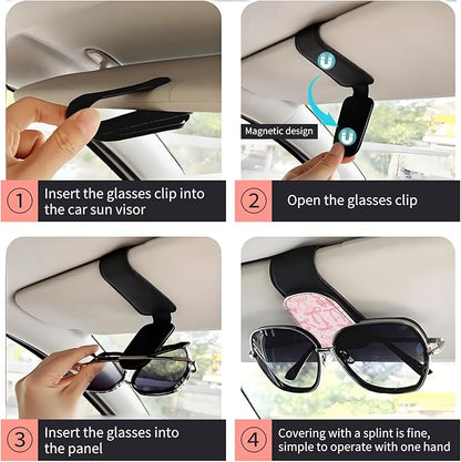 Sunglasses Holder for Car Visor, PU Leather Glasses Clip Organizer, Cute Magnetic Eyeglass Holder for Vehicle Sun Visor, Car Interior Accessory for Women & Men Pink Ribbon Pattern