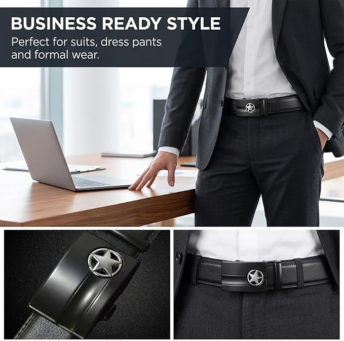 JINIU Men's Ratchet Belt Buckle, Black Genuine Leather Slide Belt for Men Dress Suit, Micro Adjustable Trim to Fit Boxed