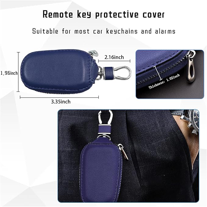 Car Key Case, Genuine Leather Auto Key Fob Cover Case, Key Fob Protector with Metal Hook, Car Smart Keychain Holder (Blue)