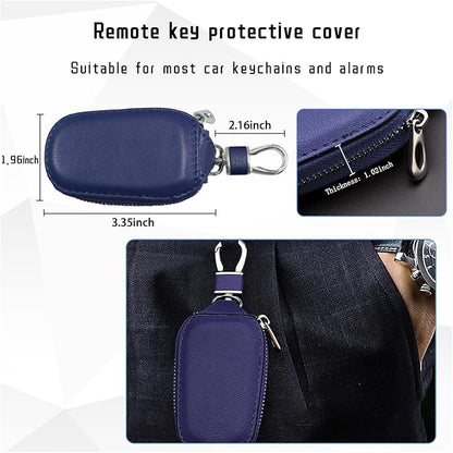 Car Key Case, Genuine Leather Auto Key Fob Cover Case, Key Fob Protector with Metal Hook, Car Smart Keychain Holder (Blue)