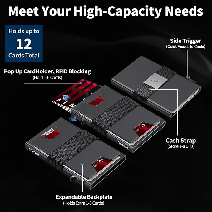 SEMORID Slim Aluminum Card Holder Wallet for Men, Durable Expandable Backplate, RFID Blocking Minimalist Metal Pop Up Wallet, Holds 12+ Cards Plus Cash (Black)