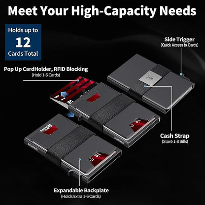 SEMORID Slim Aluminum Card Holder Wallet for Men, Durable Expandable Backplate, RFID Blocking Minimalist Metal Pop Up Wallet, Holds 12+ Cards Plus Cash (Black)
