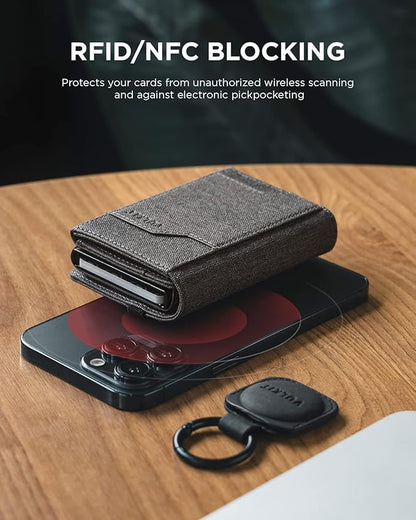 VULKIT Airtag Wallet with Keyring Mens Pop up Credit Card Wallet with Air Tag Holder Trifold ID Window RFID Blocking（Grey）