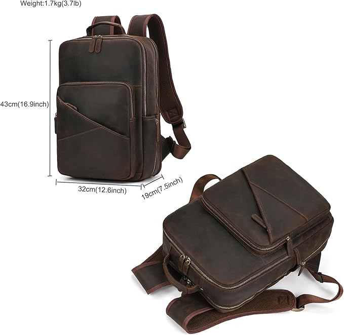 LUUFAN Vintage Genuine Leather Backpack Large Capacity 16" Laptop Shoulder Bag for Men Overnight Weekender Daypack Rucksack, Dark Brown