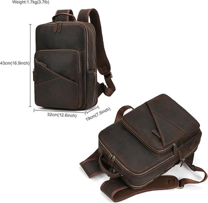 LUUFAN Vintage Genuine Leather Backpack Large Capacity 16" Laptop Shoulder Bag for Men Overnight Weekender Daypack Rucksack, Dark Brown