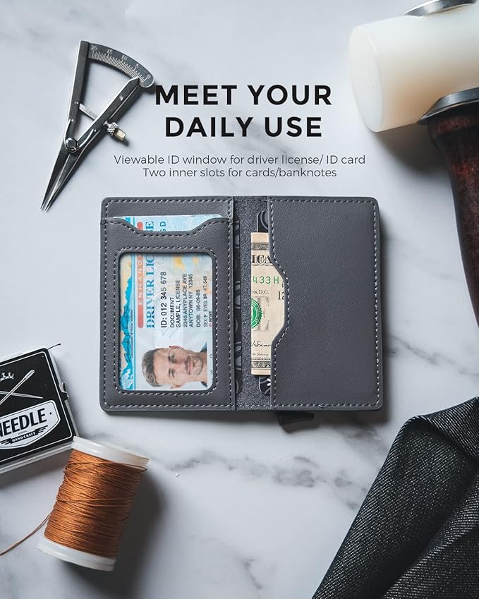 VULKIT Slim Pop up Wallet for Women Minimalist Credit Card Holder with Leather Slots Men's Bifold RFID Blocking Metal Wallets