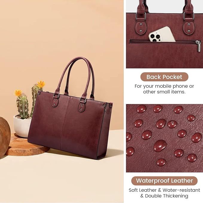 LOVEVOOK Laptop Tote Bag for Women, 15.6 Inch Large Capacity Vintage Leather Work Computer Bag, Business Casual Shoulder Handbag, Wine Red