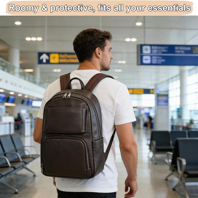 Genuine Leather 15.6 Inch Laptop Backpack for Men, Multi Pocket Casual Daypack Shoulder Bag for Business Travel Outdoor, Coffee