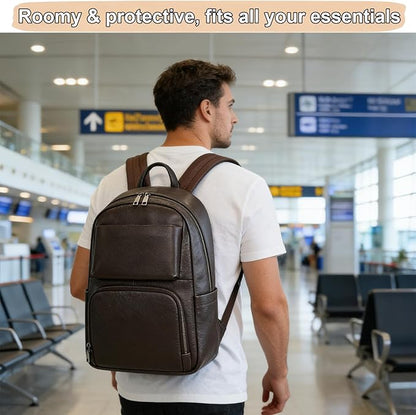 Genuine Leather 15.6 Inch Laptop Backpack for Men, Multi Pocket Casual Daypack Shoulder Bag for Business Travel Outdoor, Coffee
