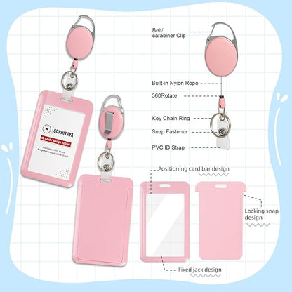 ID Badge Holder with Clip Badge Reels Retractable Heavy Duty Id Card with Carabiner Badge Reel with 24 inches Pull Cord for Office, School, Factory, Teacher (Pink, Vertical)