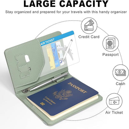 ACdream RFID BLOCKING Passport Holder Travel Wallet, Premium PU Leather Cover Passport Book with Card Holder, Pen Holder, Keep Organization, and Travel Essentials for Women and Men, Agave Green
