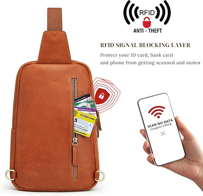S-ZONE Sling Bag for Men Women RFID Blocking Genuine Leather Crossbody Shoulder Bag Backpack Hiking Daypack Travel | RFID Blocking, Genuine Leather, Hiking Daypack, Travel