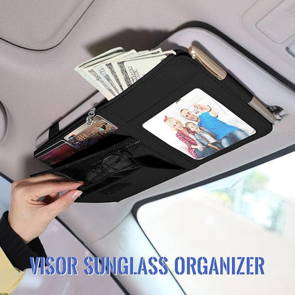 Car Sun Visor Organizer, Visor Organizer Storage Pouch with Picture Frame and Sunglasses Holder, Practical Car Accessory for Organizing Essentials - Black