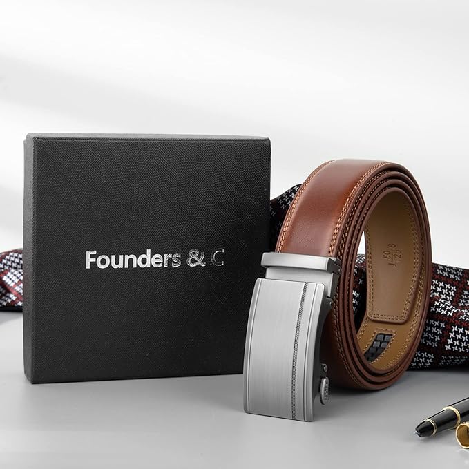 Founders & C Men's Ratchet Belt 1 3/8",Leather Dress Belt Adjustable with Click Sliding Buckle Trim to Exact Fit