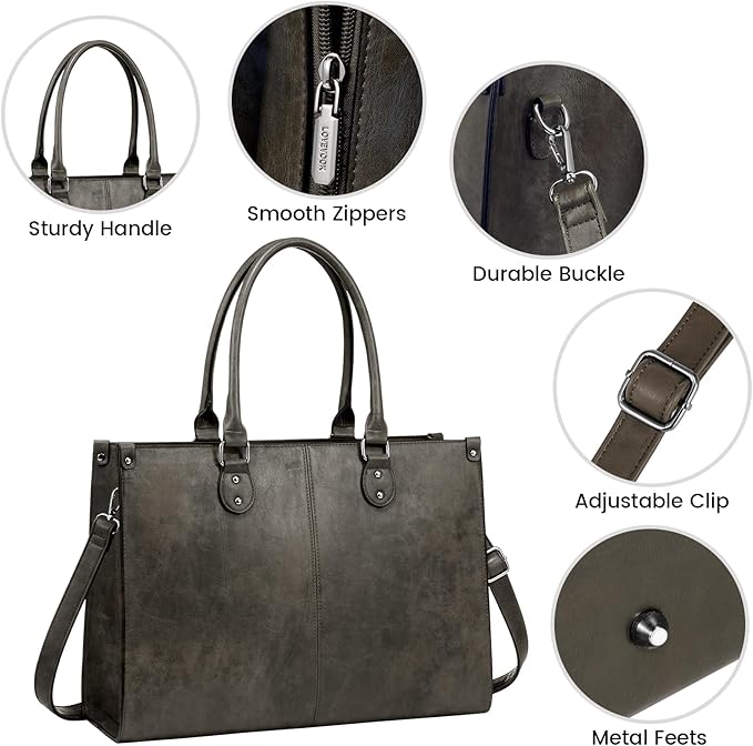LOVEVOOK Laptop Tote Bag for Women, 15.6 Inch Large Capacity Vintage Leather Work Computer Bag, Business Casual Shoulder Handbag, Black Coffee