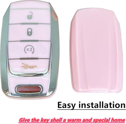 Key Protective Shell for RAM Key Fob Cover with Keychain Fit for RAM 1500 2500 3500 Smart Key Case Accessories (4-Button-Pink-Silver)
