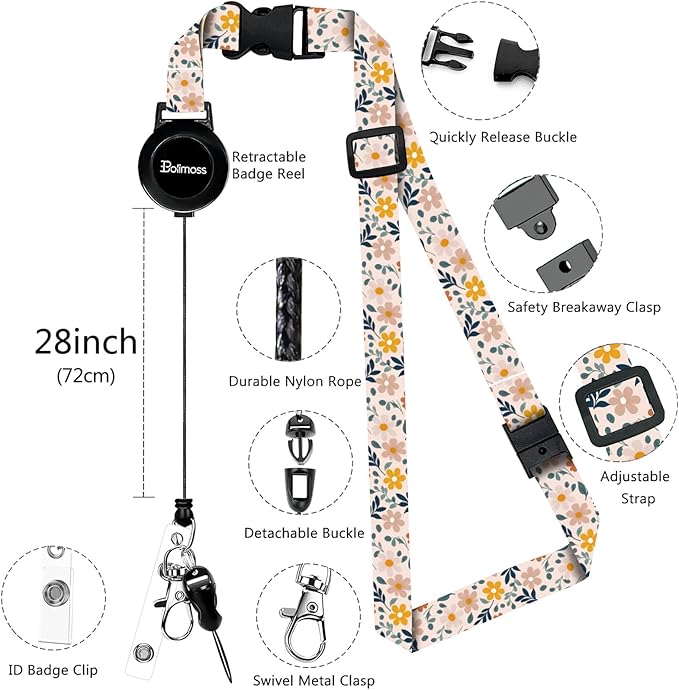 bolimoss Cute Teacher Lanyard with Id Holder, Floral Leather Lanyards for ID Badges, Breakaway Neck Lanyards with Retractable Badge Reels Quick-Release Buckles and Adjustable Straps for Nurse Work