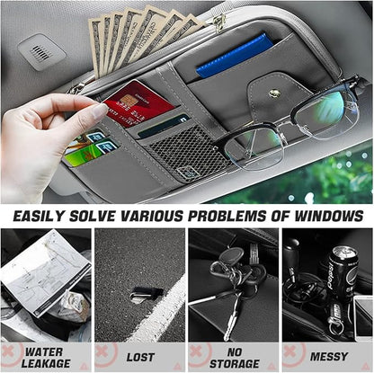 AUCELI Car Sun Visor Organizer, PU Leather Document Registration Case Bag with Multi-Pocket for License Pen Key, Sunglass Holder Net Zipper Storage Pouch, Universal Auto Truck Accessories