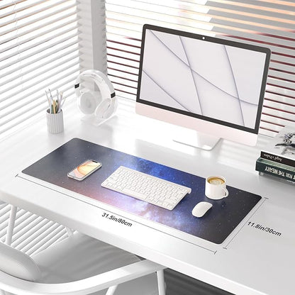 QiyI Large Desk Pad, Milky Way Mouse Pad Desktop Decor, Waterproof PU Leather Desk Cover Protector, Desk Accessories for Office Home Work Writing Gaming 31.5" x 11.8" - Blue Galaxy