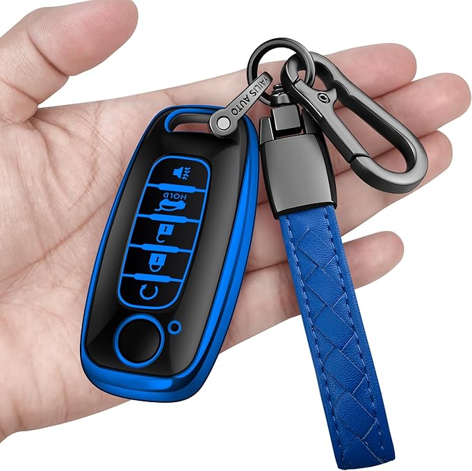 Sindeda for Nissan Key Fob Cover with Keychain Soft Full Protection Key Shell Key Case Compatible with 2023 2024 2025 Pathfinder Kicks Rouge(Blue, 5 Buttons)