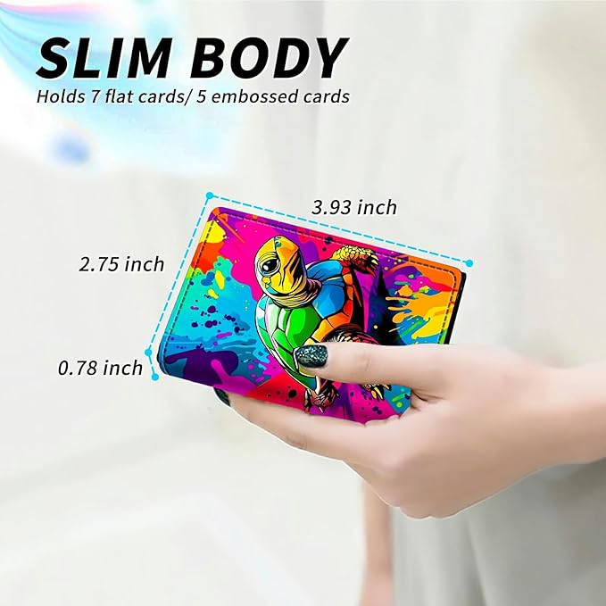 Minimalist Wallet for Men's Card Holders, Pop-Up Card Case Durable Wallets for Women, Leather Automatic Credit Card Holder with Metal Money Clip RFID Blocking Bifold Pocket, Art Sea Turtle