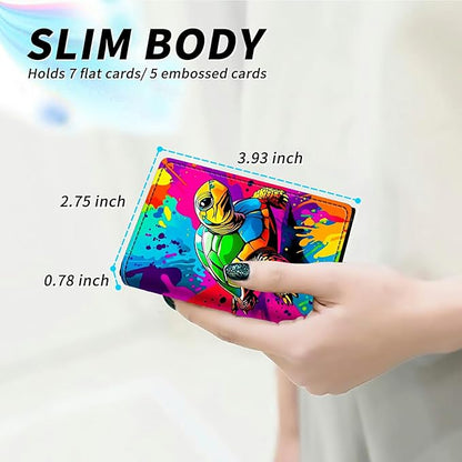 Minimalist Wallet for Men's Card Holders, Pop-Up Card Case Durable Wallets for Women, Leather Automatic Credit Card Holder with Metal Money Clip RFID Blocking Bifold Pocket, Art Sea Turtle