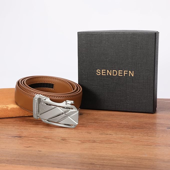 SENDEFN Men's Leather Belt Automatic Ratchet Buckle Slide Belt for Dress Casual Trim to Fit with Gift Box