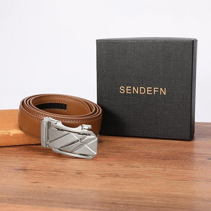 SENDEFN Men's Leather Belt Automatic Ratchet Buckle Slide Belt for Dress Casual Trim to Fit with Gift Box