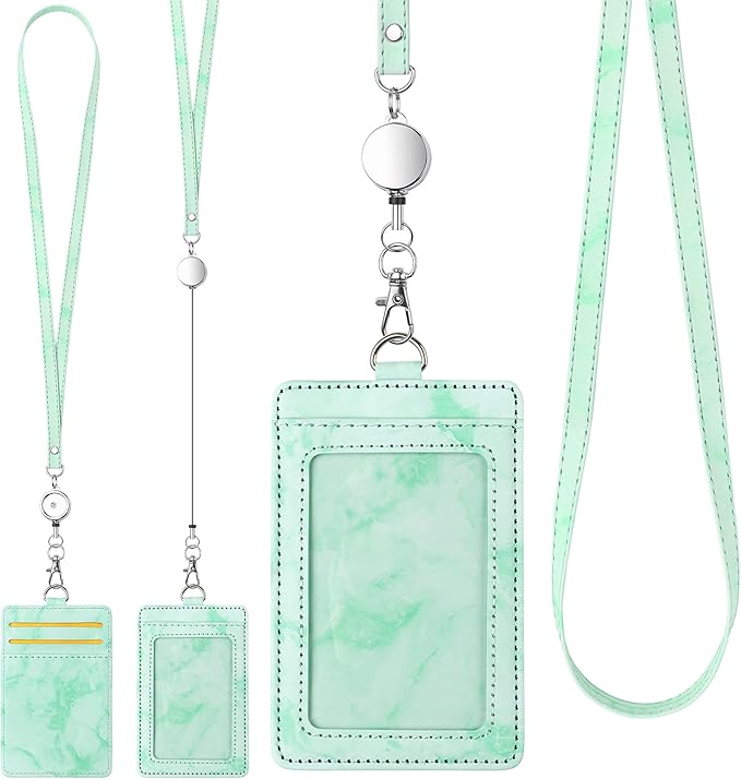 ID Badge Holder with Lanyard Marble Pattern Retractable Badge Holder PU Leather with Clear ID Window 1 Credit Card Case Name Badge Keychain Tags Protector for Women Nurse Teacher Office (Green)
