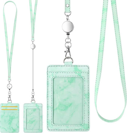 ID Badge Holder with Lanyard Marble Pattern Retractable Badge Holder PU Leather with Clear ID Window 1 Credit Card Case Name Badge Keychain Tags Protector for Women Nurse Teacher Office (Green)