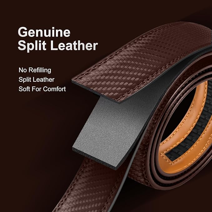 Men's Ratchet Belt Genuine Leather No-Hole Slide Buckle - Adjustable Men's Dress & Casual Belt