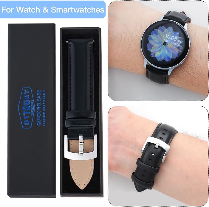 OTTOODY Leather Watch Bands Quick Release, Elegant Top Grain Leather Watch Straps for Men & Women, Choice of Color & Width - 18mm, 19mm, 20mm, 21mm or 22mm Wristbands Bracelet for Watch & Smartwatch